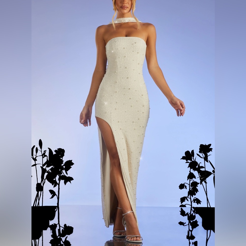 Oh Polly Belgravia Embellished Bandeau Maxi Dress in Ivory